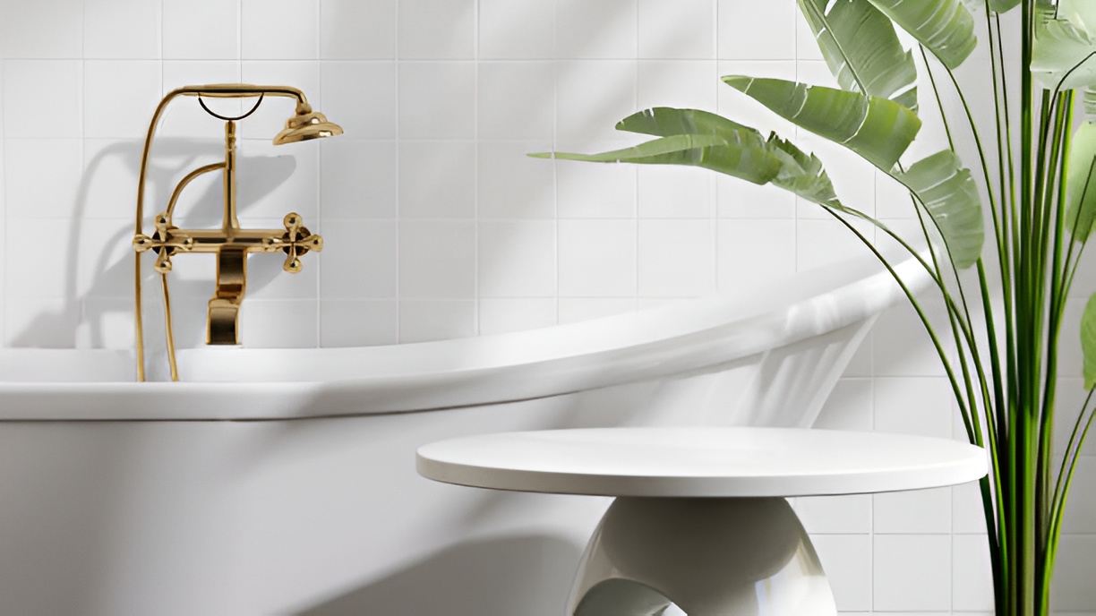 bathtub next to an indoor plant